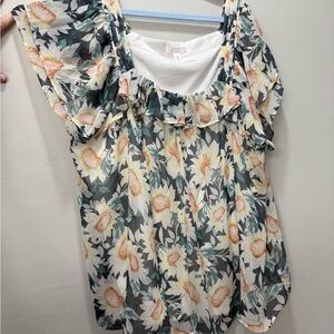 LC Lauren Conrad Pink and Green Ruffled Cap Sleeve Blouse